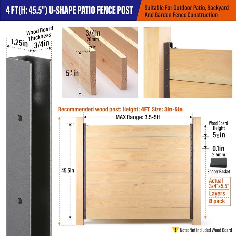 Prinfort 2pack 4FT (H: 45.5″) Matel Backyard Privacy Fence Panels Post Black, Install Fence Panels Post for Wood Slats Outdoor - Image 3